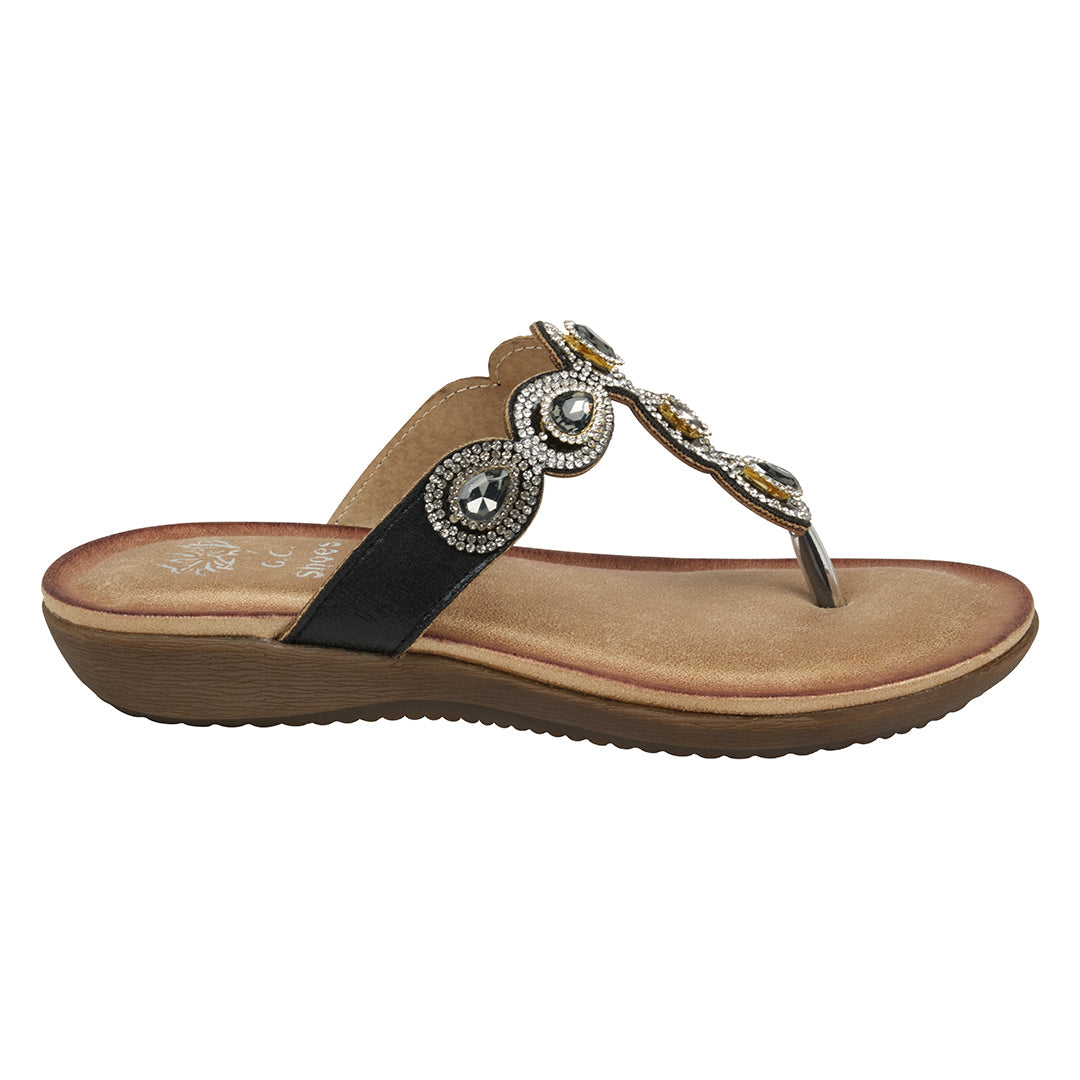 Women's Zara Black Jeweled T-Strap Thong Flat Sandals