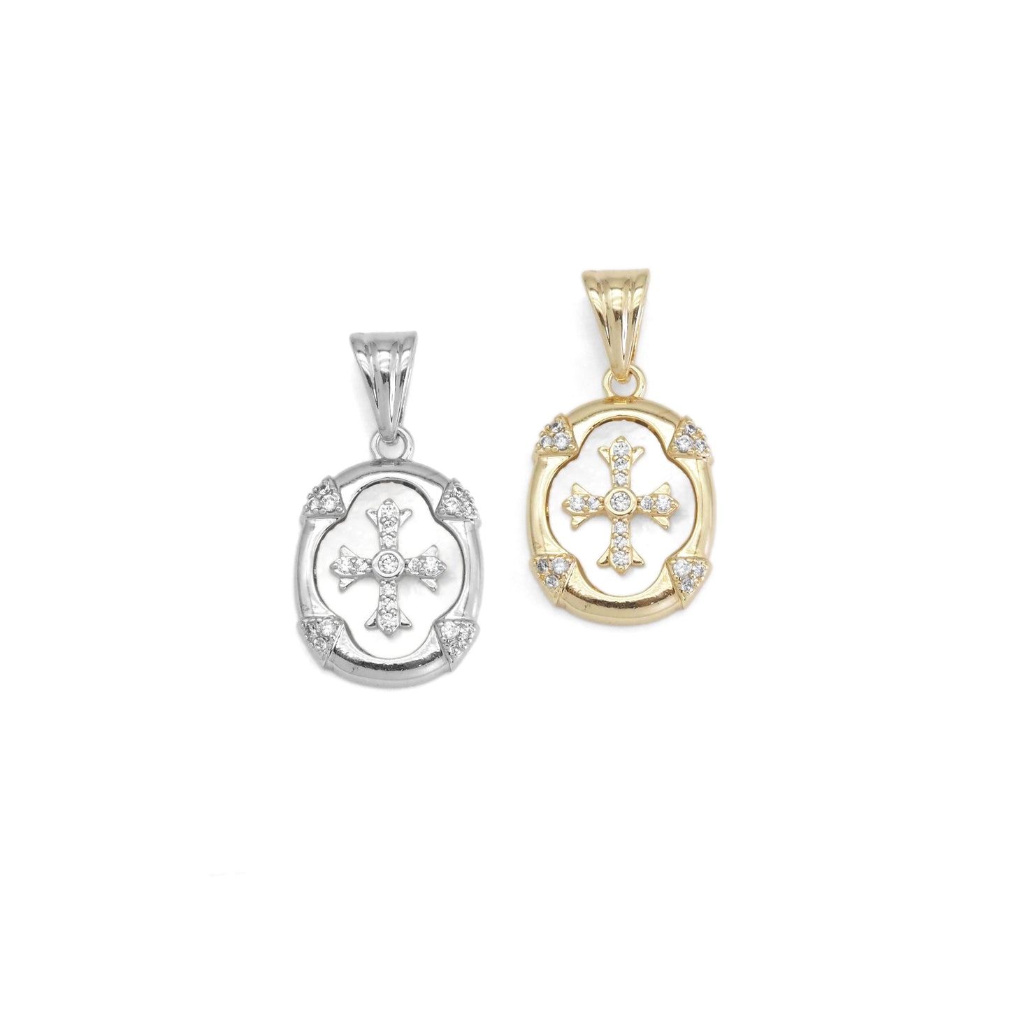 Gold / Silver CZ Cross Mother of Pearl Oval Charm, Sku#ZX164