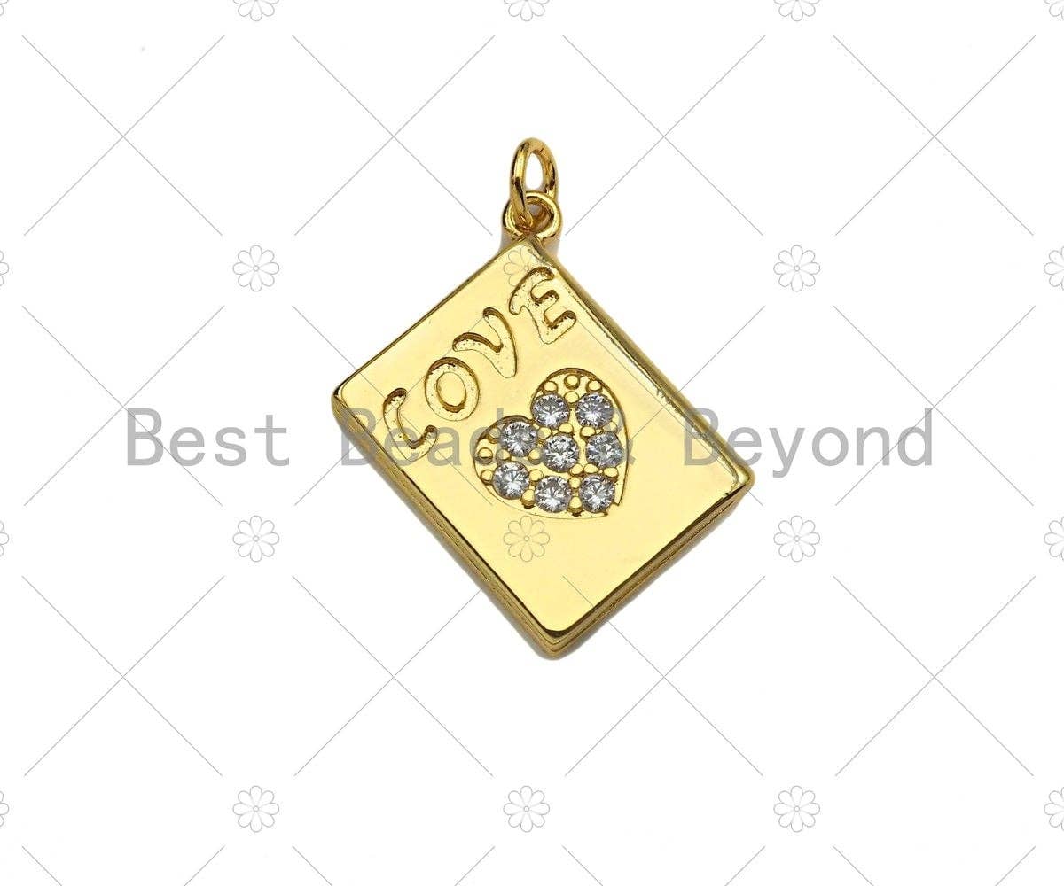 CZ Micro Pave Love Heart On Rectangle Shape Pendant/Charm,18K Dainty Gold Medallion Charm, Necklace Bracelet Charm,17x20mm, Sku#LK254
