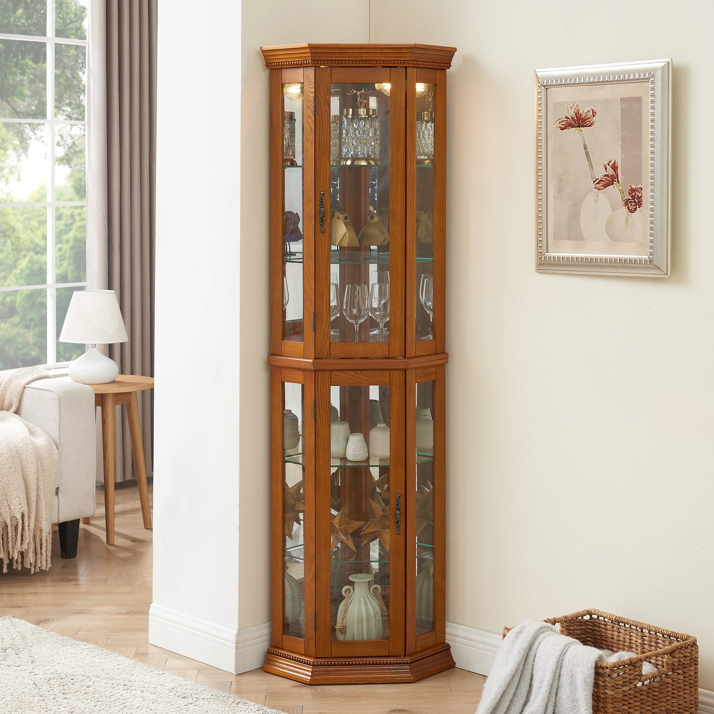 Corner Curio Cabinet with Lights, Adjustable Tempered Glass Shelves, Mirrored Back