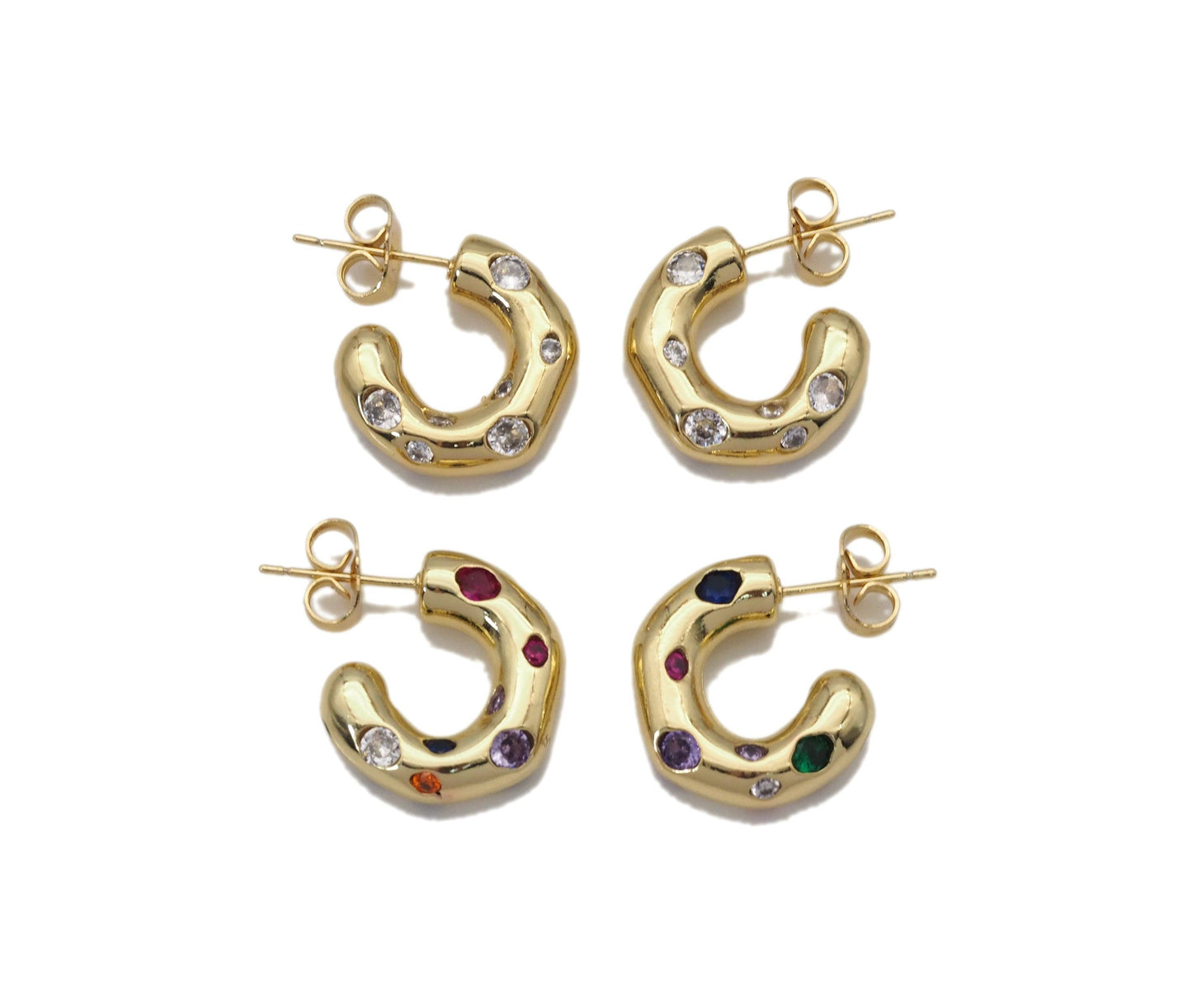Rainbow Diamond CZ Thick Huggie Earrings, chunky earrings, Sku#LX189
