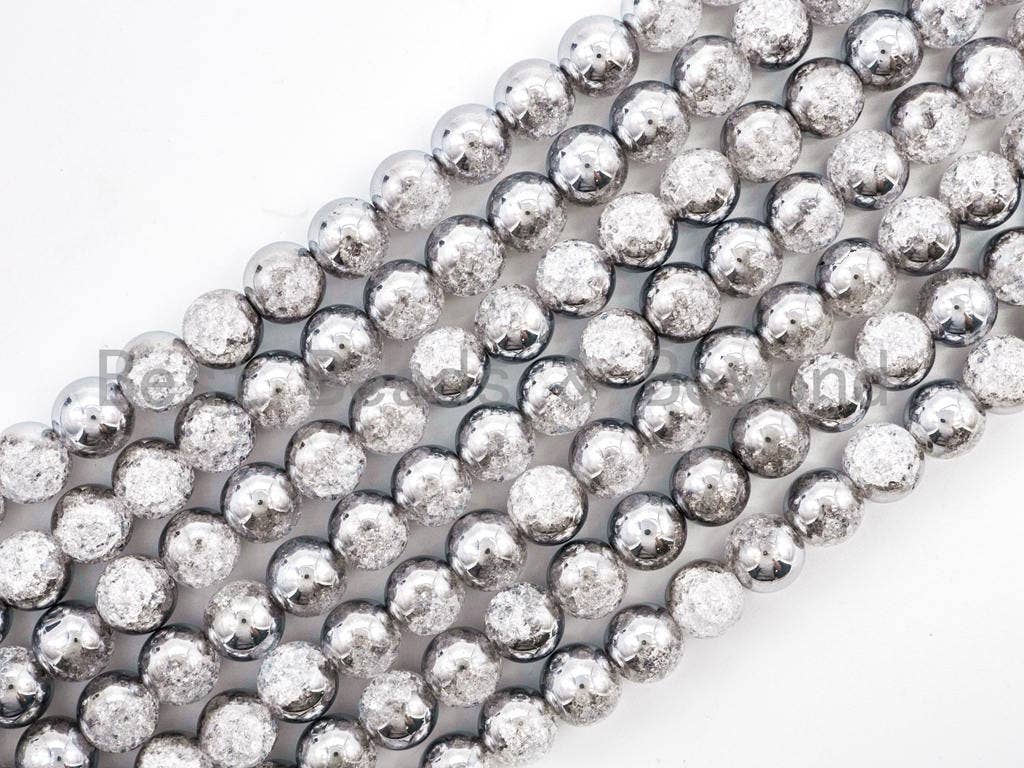 Crack Quartz Half Silver Plated, 6mm/8mm/10mm/12mm/14mm Round Smooth beads, Silver Clear Quartz Beads, 15.5inch strand, SKU#U55