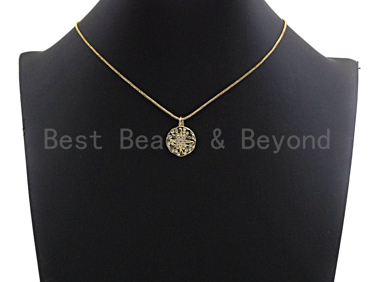 Hammered Micro Pave North Star Coin Pendant/Charm, Star Cubic Zirconia Pendant, Silver/Gold/Rose Gold/Black Tone,17x19mm,Sku#Z500