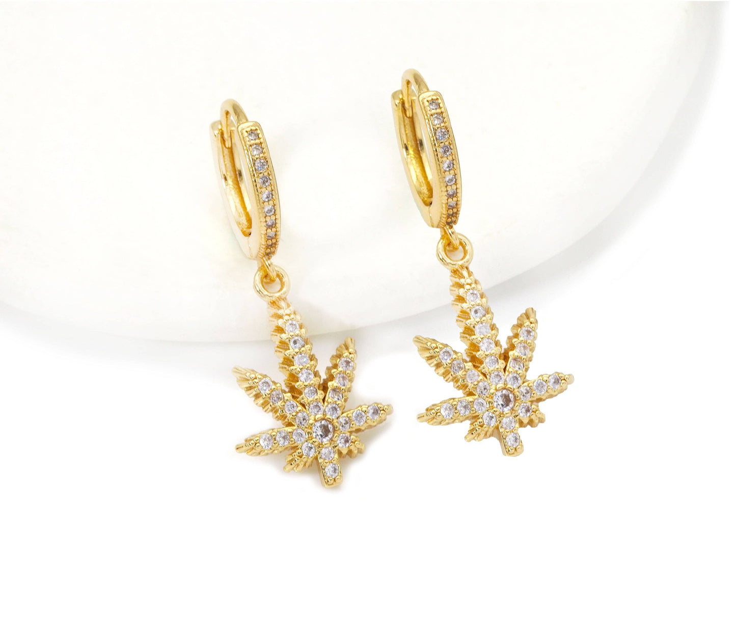 CZ Gold Leaf Hoop Earrings, Sku#EF252