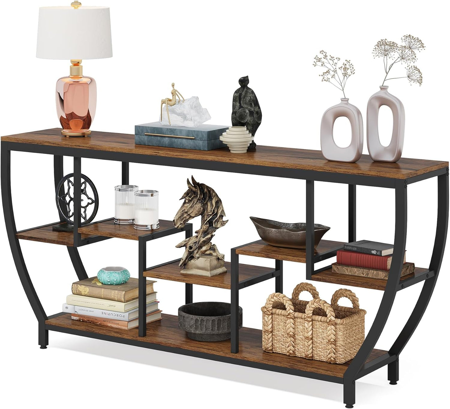 70.9” Industrial Console Sofa Table with 7-Tier Storage Shelves