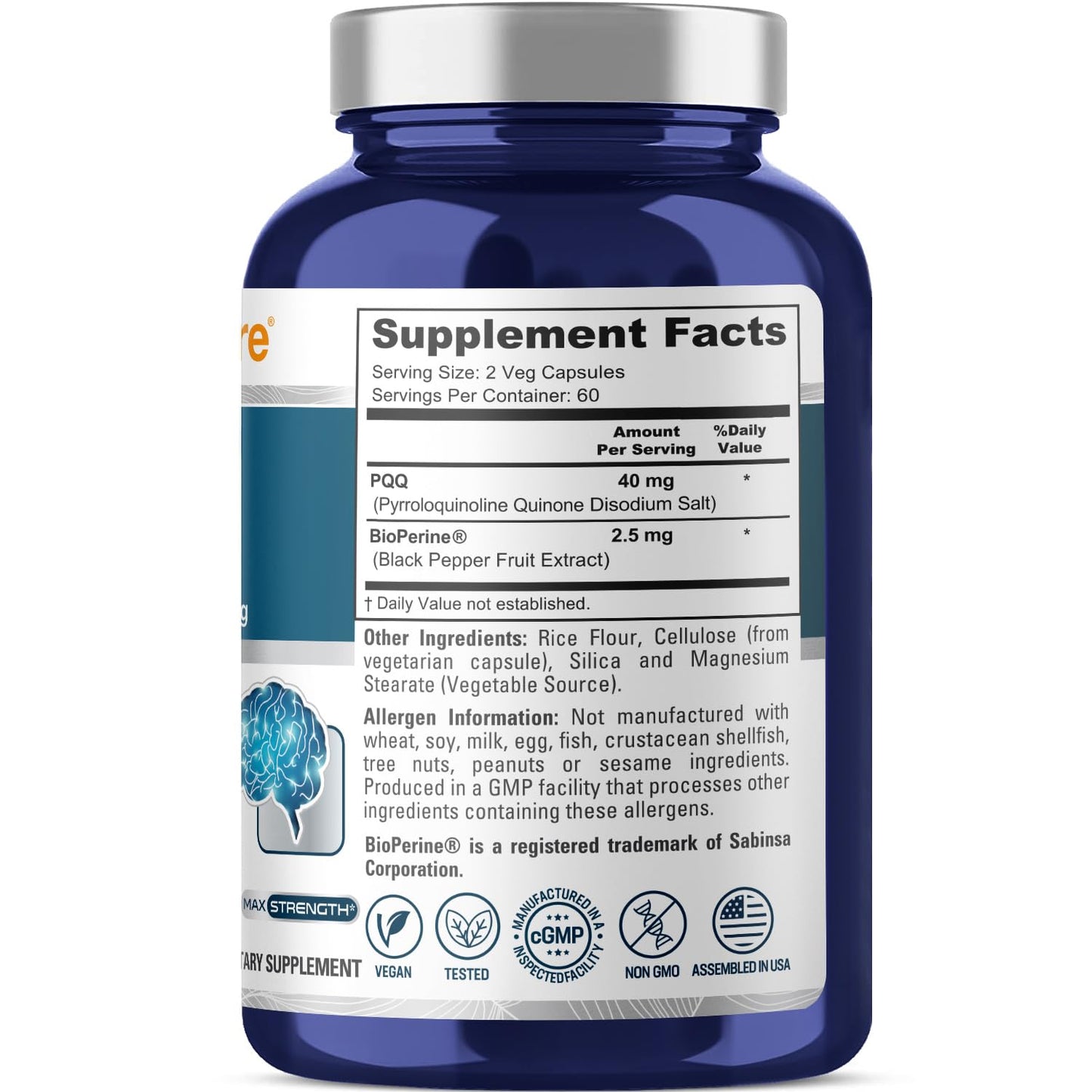 NusaPure PQQ Supplement 40 mg, 120 Veggie Capsules, Non-GMO, Pyrroloquinoline Quinone Disodium Salt, Bioperine