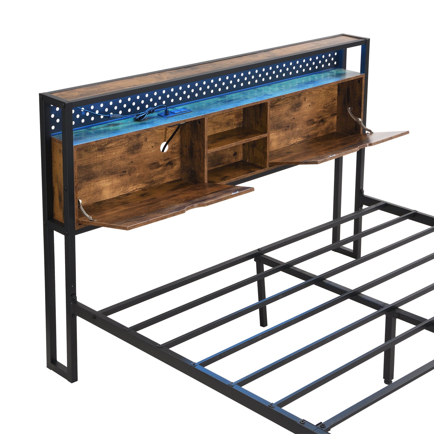 Queen Size Metal Platform Bed Frame with Wooden Headboard