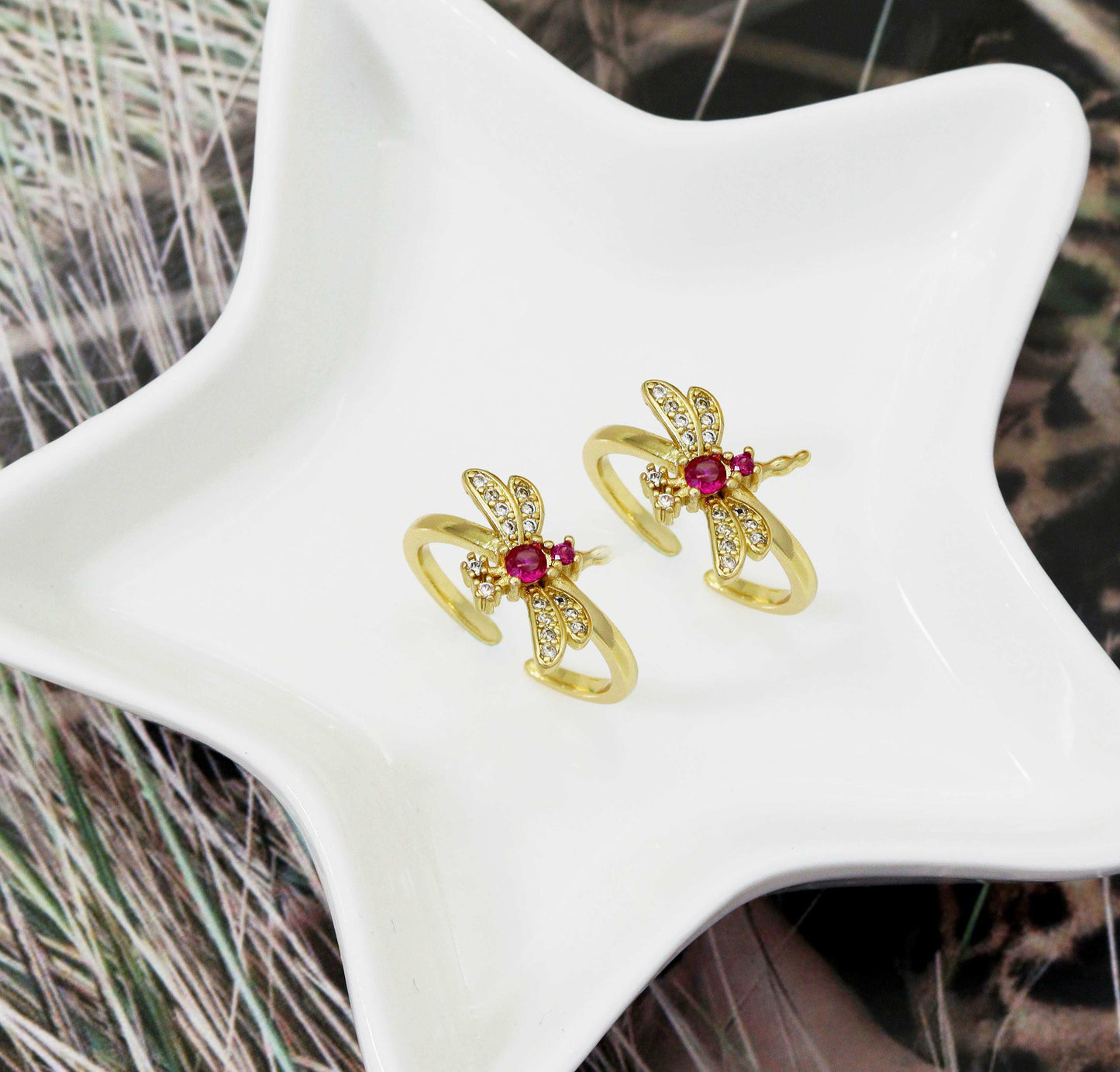 Fuchsia CZ Dragonfly Gold Adjustable Ring, Sku#LK734