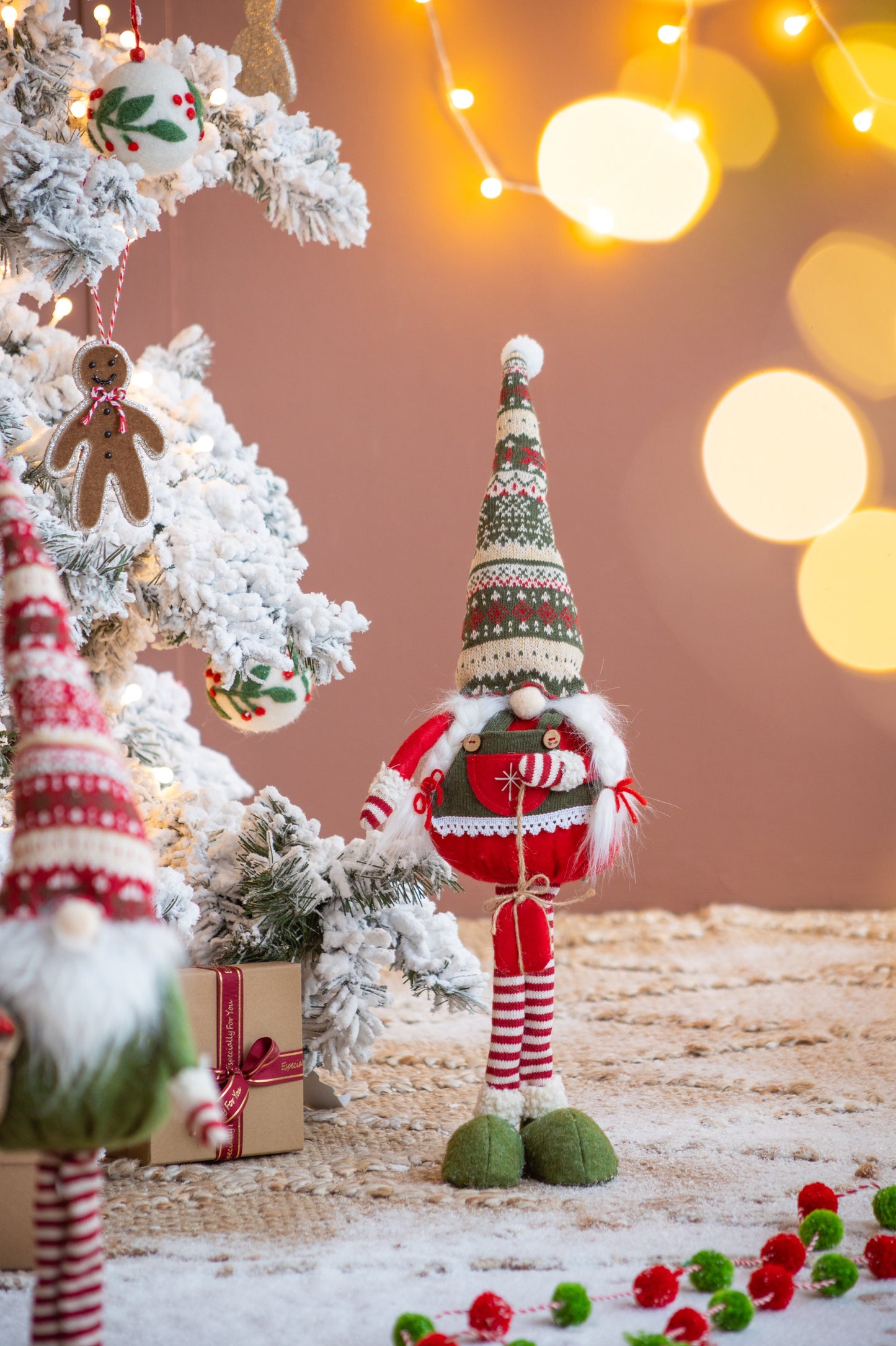 Set of 2 Fabric Standing Holiday Gnomes with Knit Hats