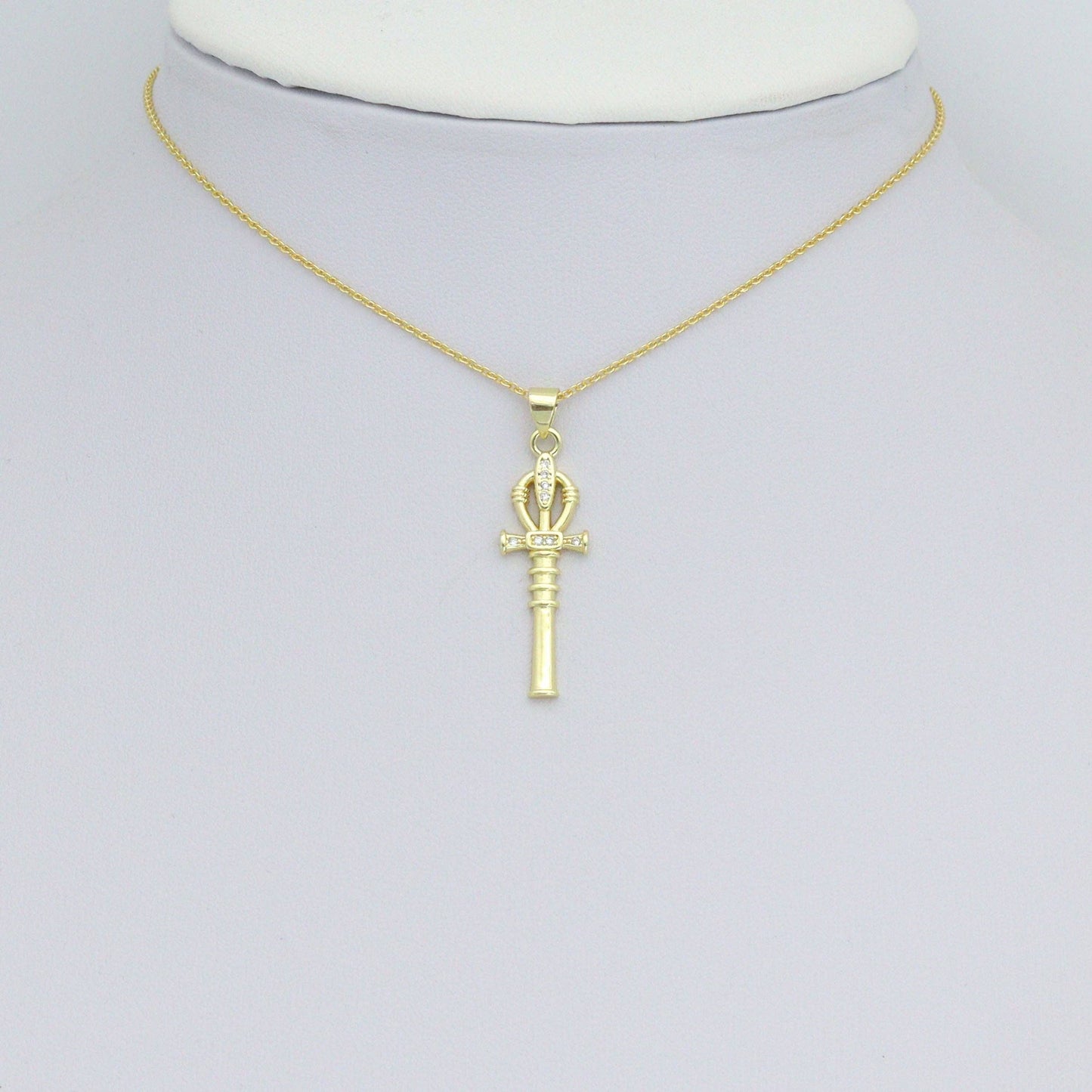 Clear CZ Gold Magic Stick Cross Key Charm Pendant, Sku#LK1164