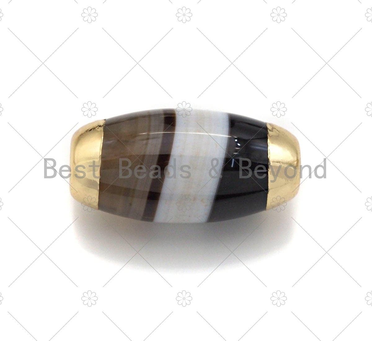 15x30mm Large Natural Banded Agate with Silver/Gold/Rose Gold Finish,Barrel Shape Spacer Beads, Oval Banded Agate Beads, sku#U993