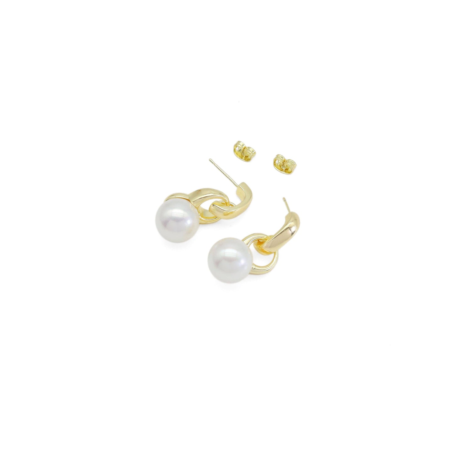 CZ Chunky Gold Link White Pearl Earrings, Sku#ZX188