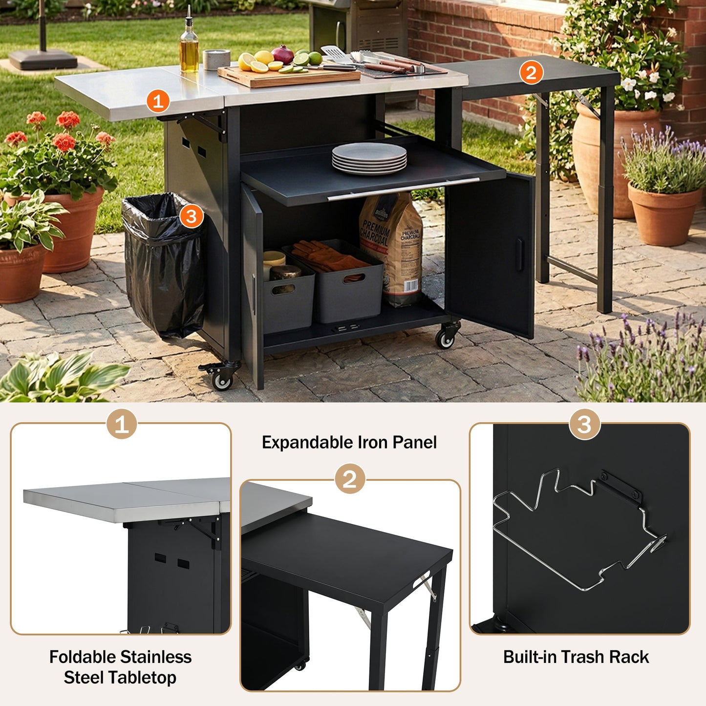 Foldable Outdoor Prep Station BBQ Cart