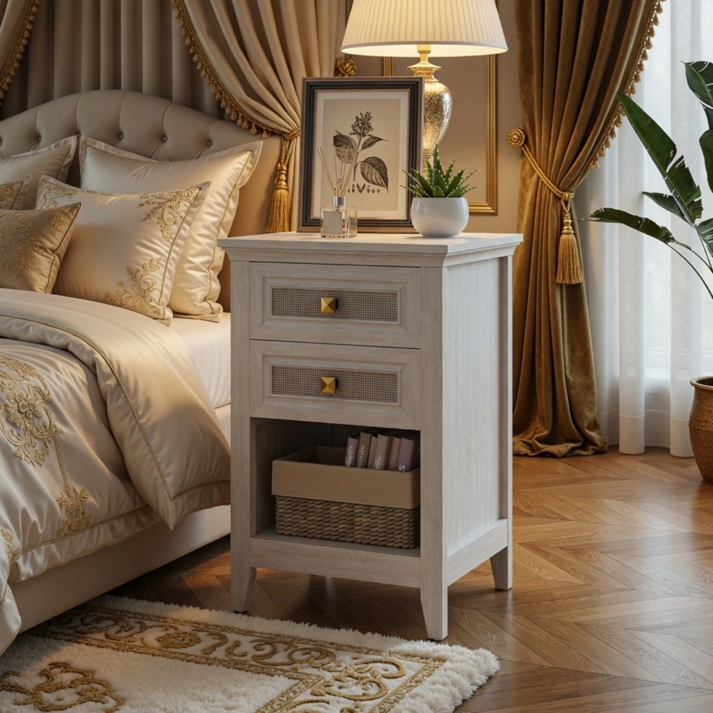 17.7" White Rattan Nightstand