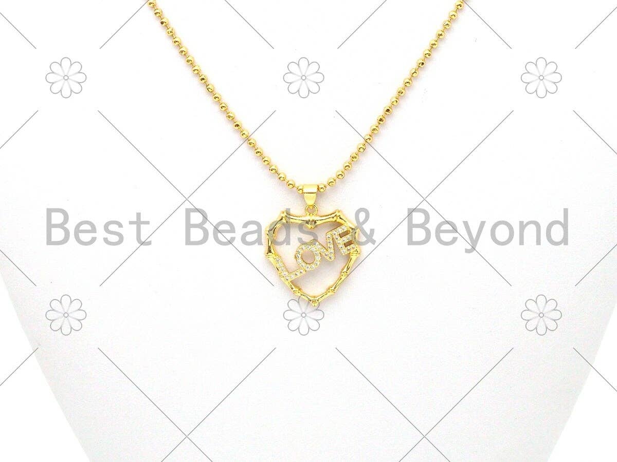 CZ Micro Pave Love On Heart Shape with Bamboo Frame Pendant,18K Gold Filled Heart Charm, Necklace Bracelet Charm Pendant,23x26mm,Sku#LK384