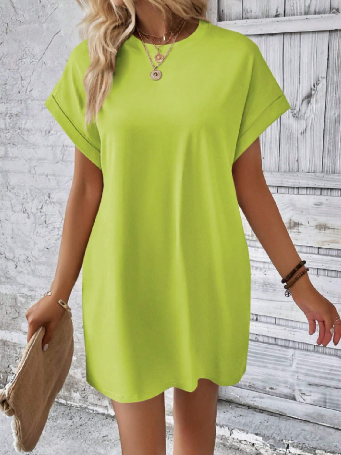 Round Neck Short Sleeve Mini Tee Dress with Pockets