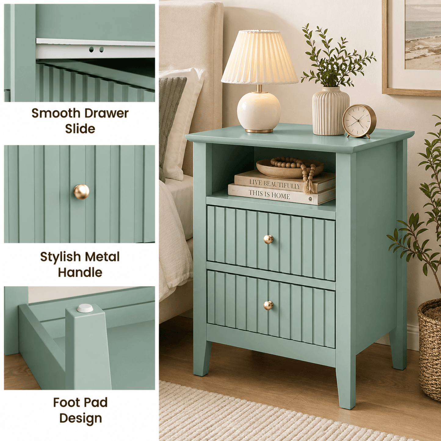 18" Green Fluted Nightstand