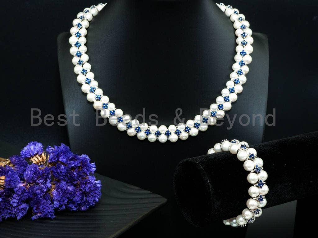 White Pearl Cubic Zirconia Necklace Bracelet Set, P18