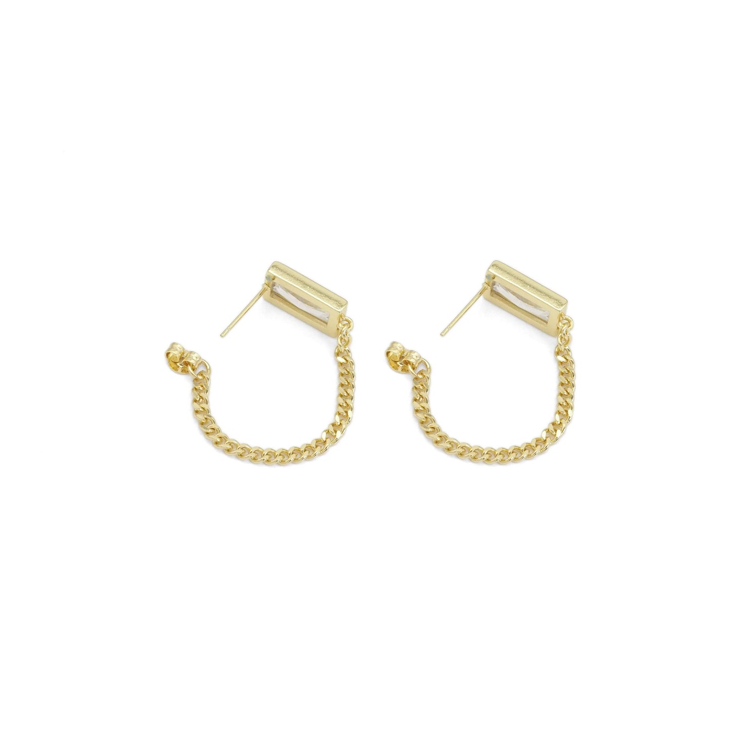 Gold Silver Rectangle CZ With Chain Link Dangle Earrings, Sku#LX374