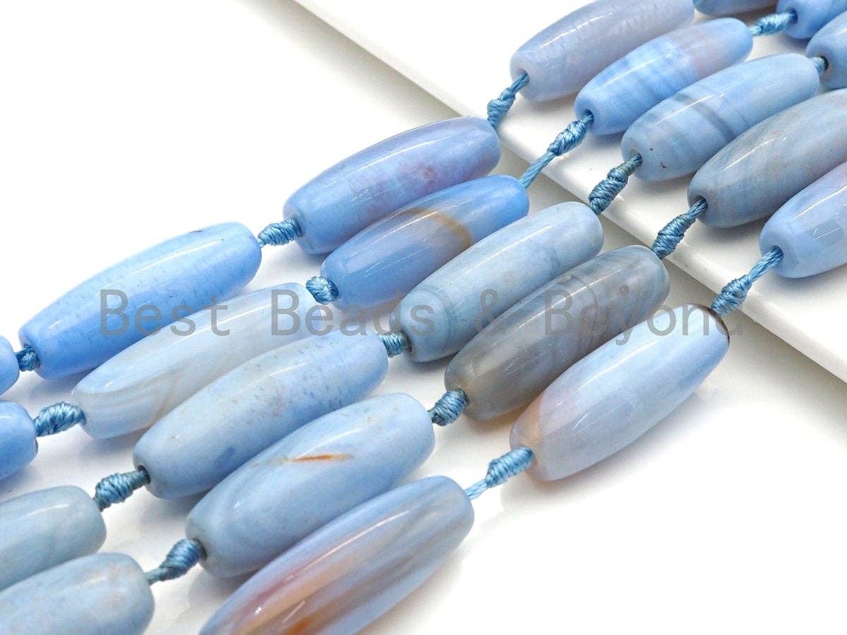 1pc/8pc Natural Agate Long Barrel Spacer Beads, Blue Agate Spacer Beads, Tibetan Beads, 14x40mm, sku#U887