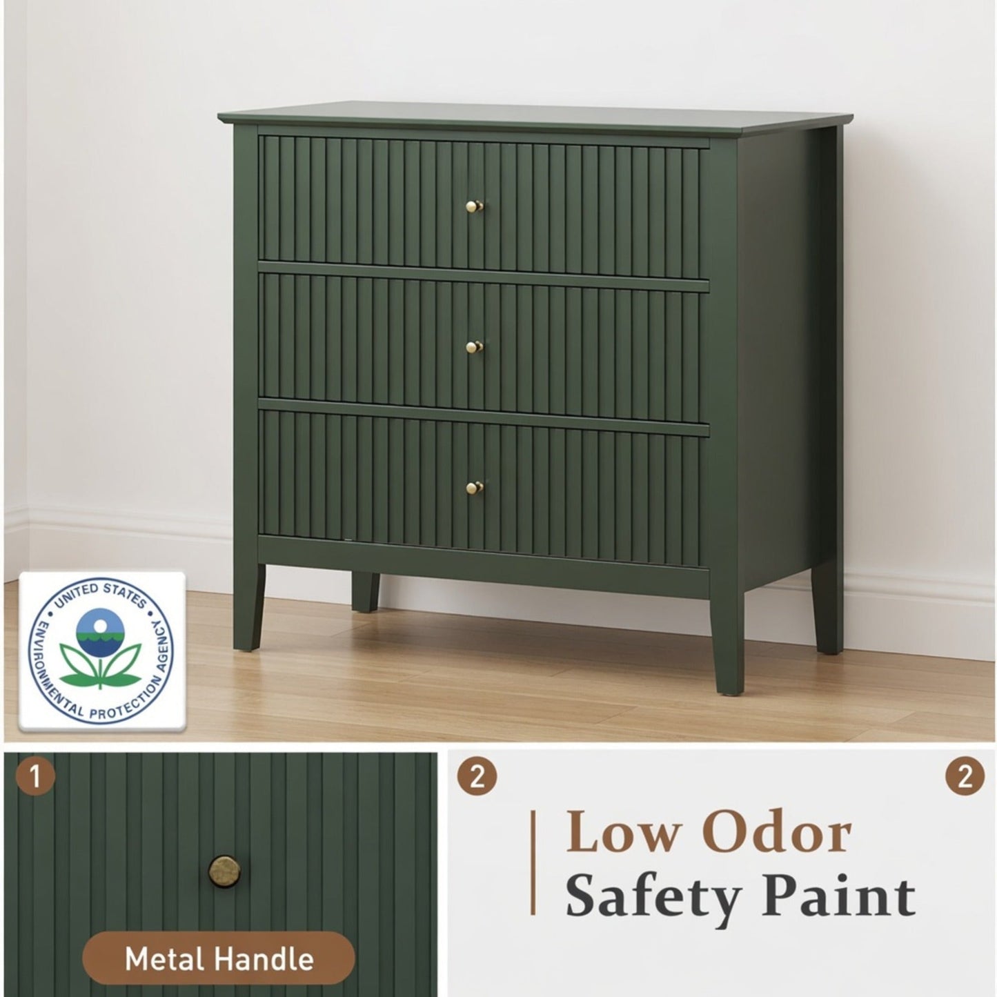 32" Wide Green Fluted 3-Drawer Nightstand