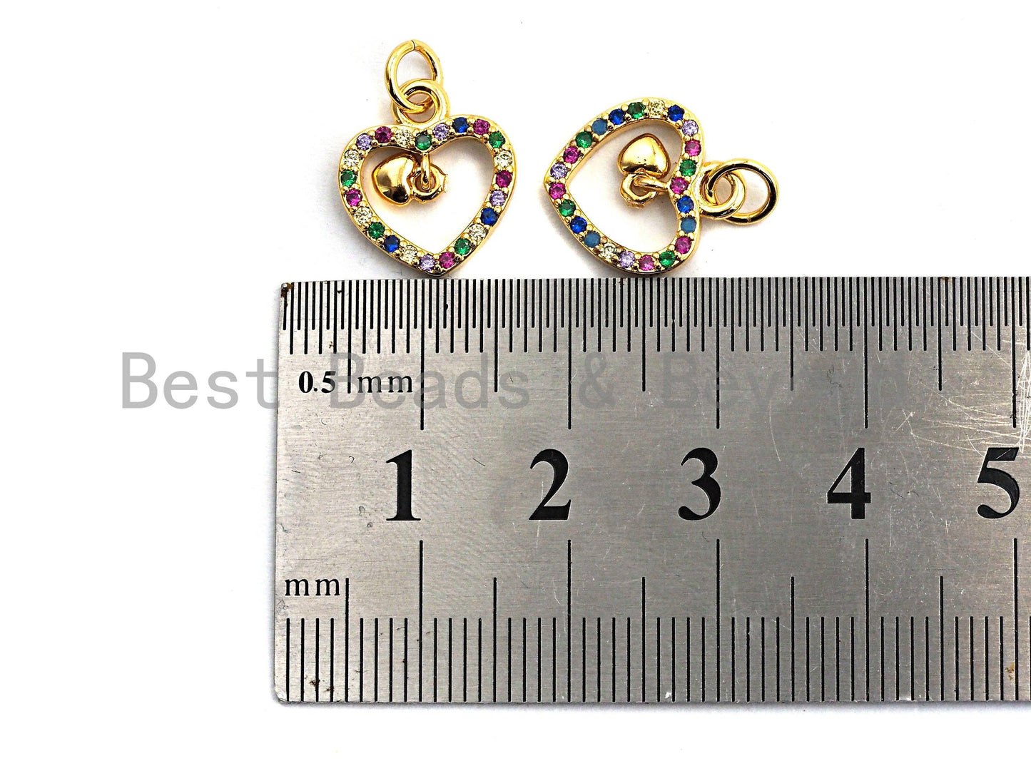CZ Colorful Micro Pave Hollow Heart With Little Dangle Heart Pendant, Heart Shaped Pave Pendant, Gold plated, 12x14mm, Sku#F826