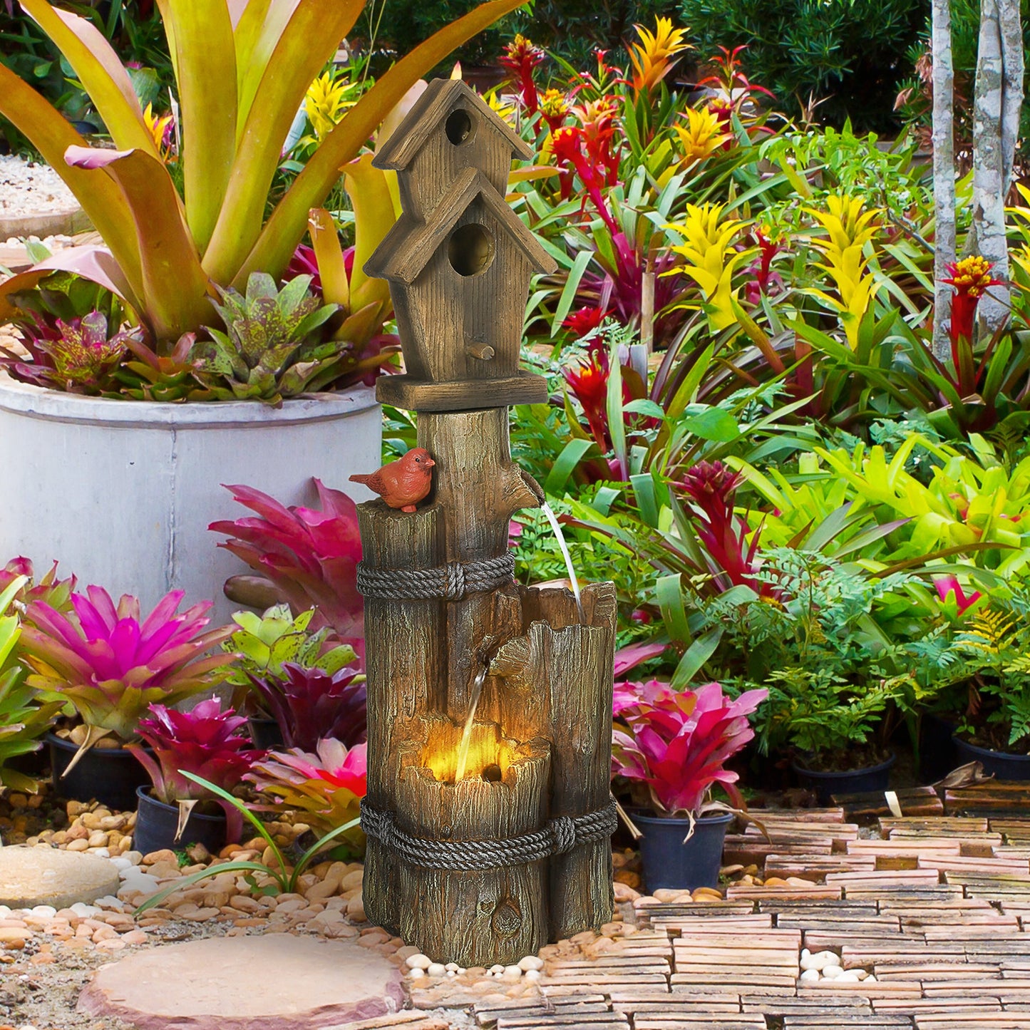 Outsunny Outdoor Fountain with Birdhouse and LED Lights