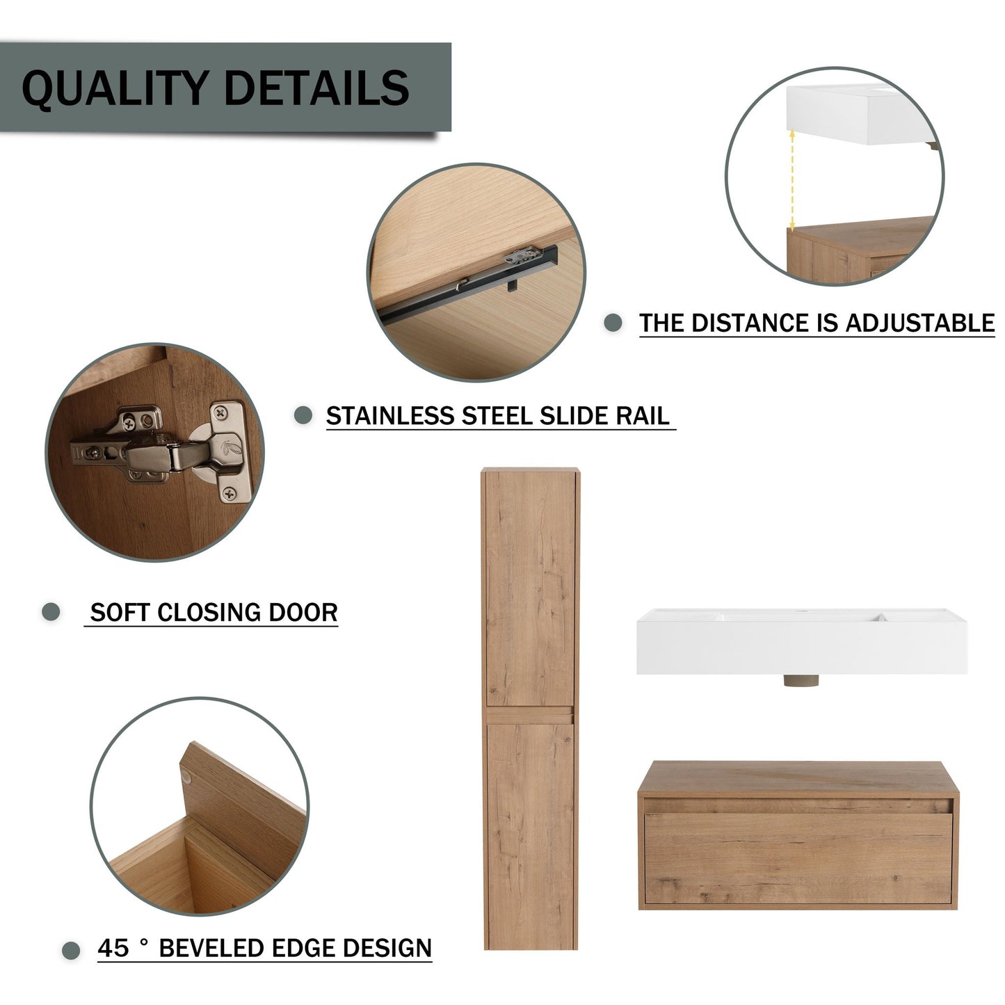 Modern Wall Mounted 30 Inch Bathroom Vanity With Resin Sink And 2 Side Cabinet - Imitative Oak