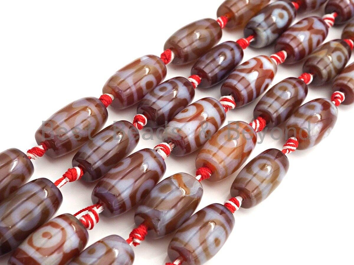 1pc/12pc Natural Tibetan Agate Barrel Spacer Beads, Brown White Eye Dzi Spacer Beads, Tibetan Dzi Beads, 14x25mm, sku#U867