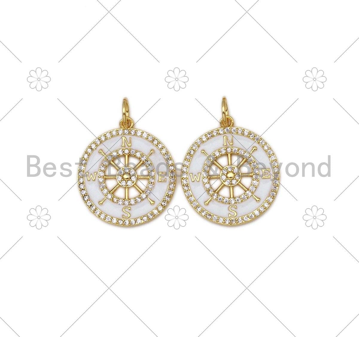 CZ Micro Pave White Enamel Compass Round Coin Shape Pendant,18K Gold Filled Enamel Pendant,Enamel Jewelry,23x20mm,Sku#Z1382