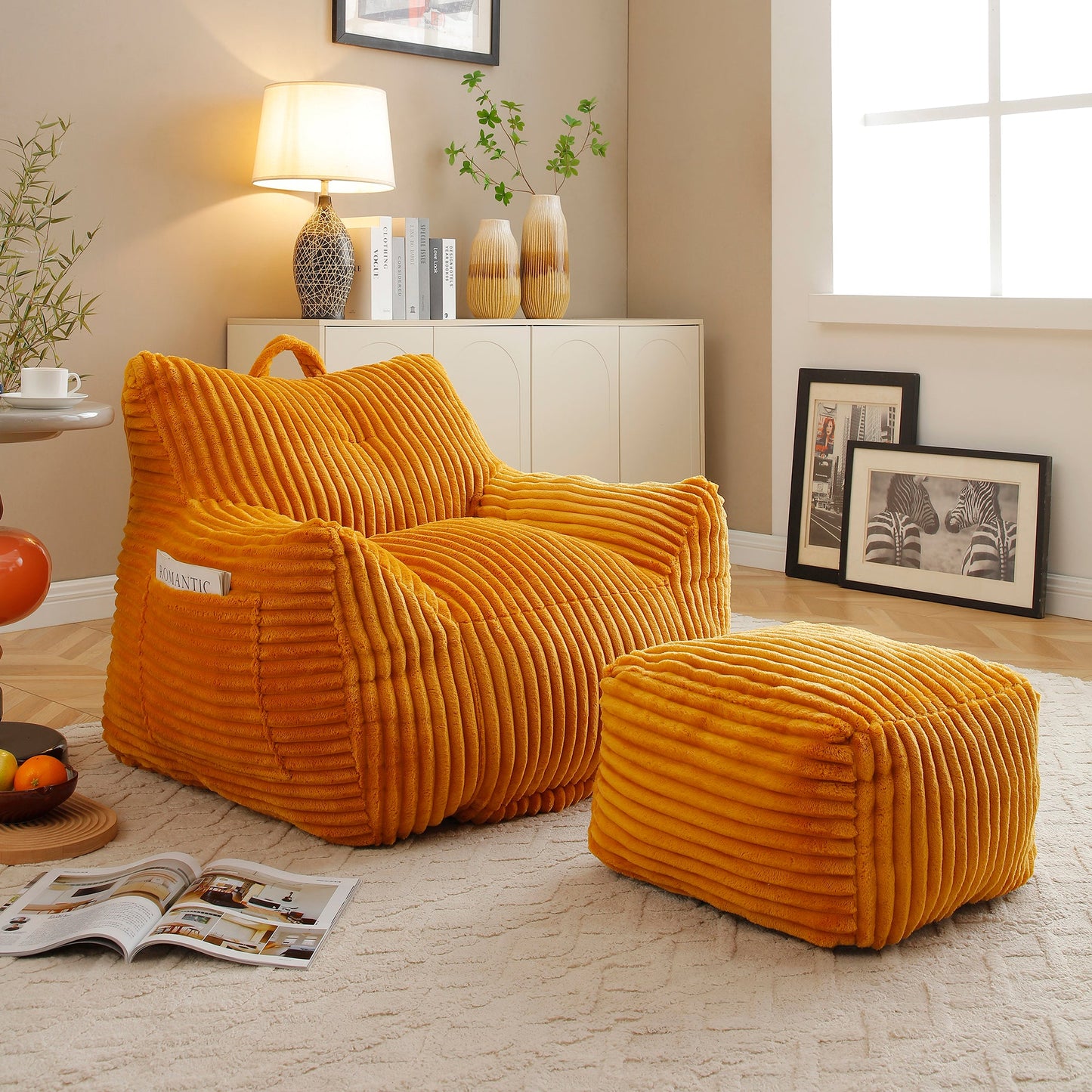 Giant Plush Bean Bag Chair for Adults with Armrests and Footstool
