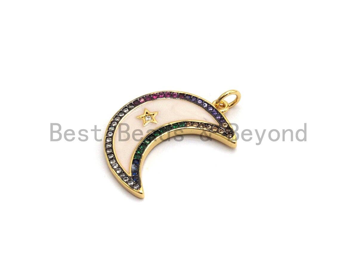 NEW Enamel Crescent moon With Star Pendant,CZ Micro Pave Oil Drop Moon Star pendant,Enamel Charm,Enamel Jewelry,18x25mm,sku#F657