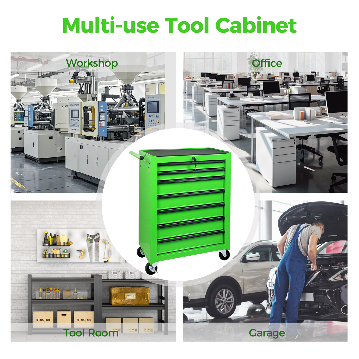 Rolling Metal Tool Chest with 7 Drawers - Green