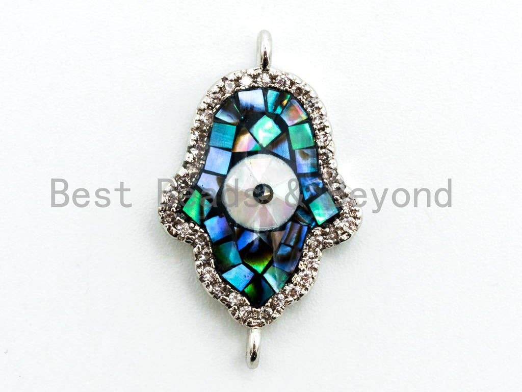 CZ Micro Pave Hamsa Hand Evil Eye Connector with Abalone  Pearl Shell, Cubic Zirconia CZ space connector,14x22mm, 1pc, SKU#Z23