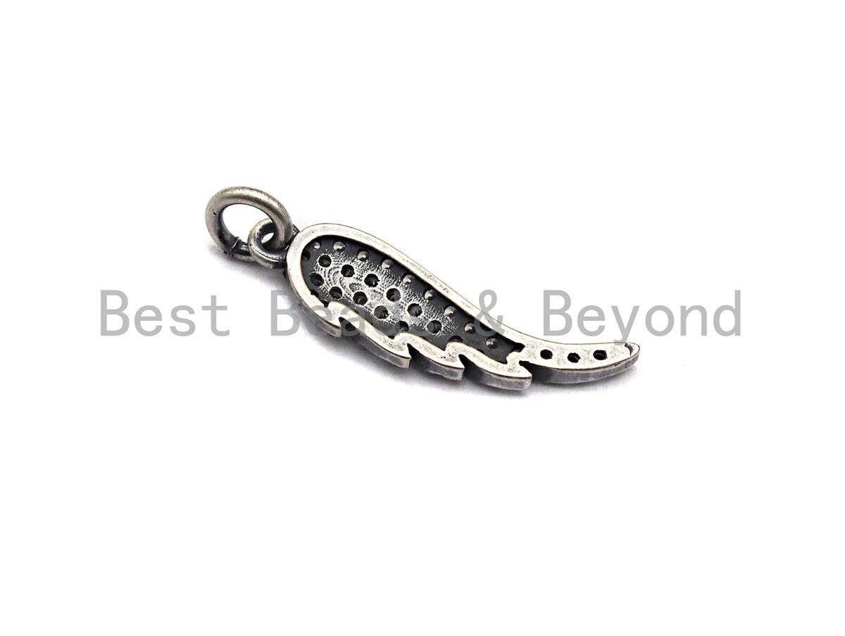 Rhidium CZ Micro Pave Angel Wing Pendant/Charm, Antique Silver Color Wing, Cubic Zirconia Pendant Charm, 6x23mm,sku#X116