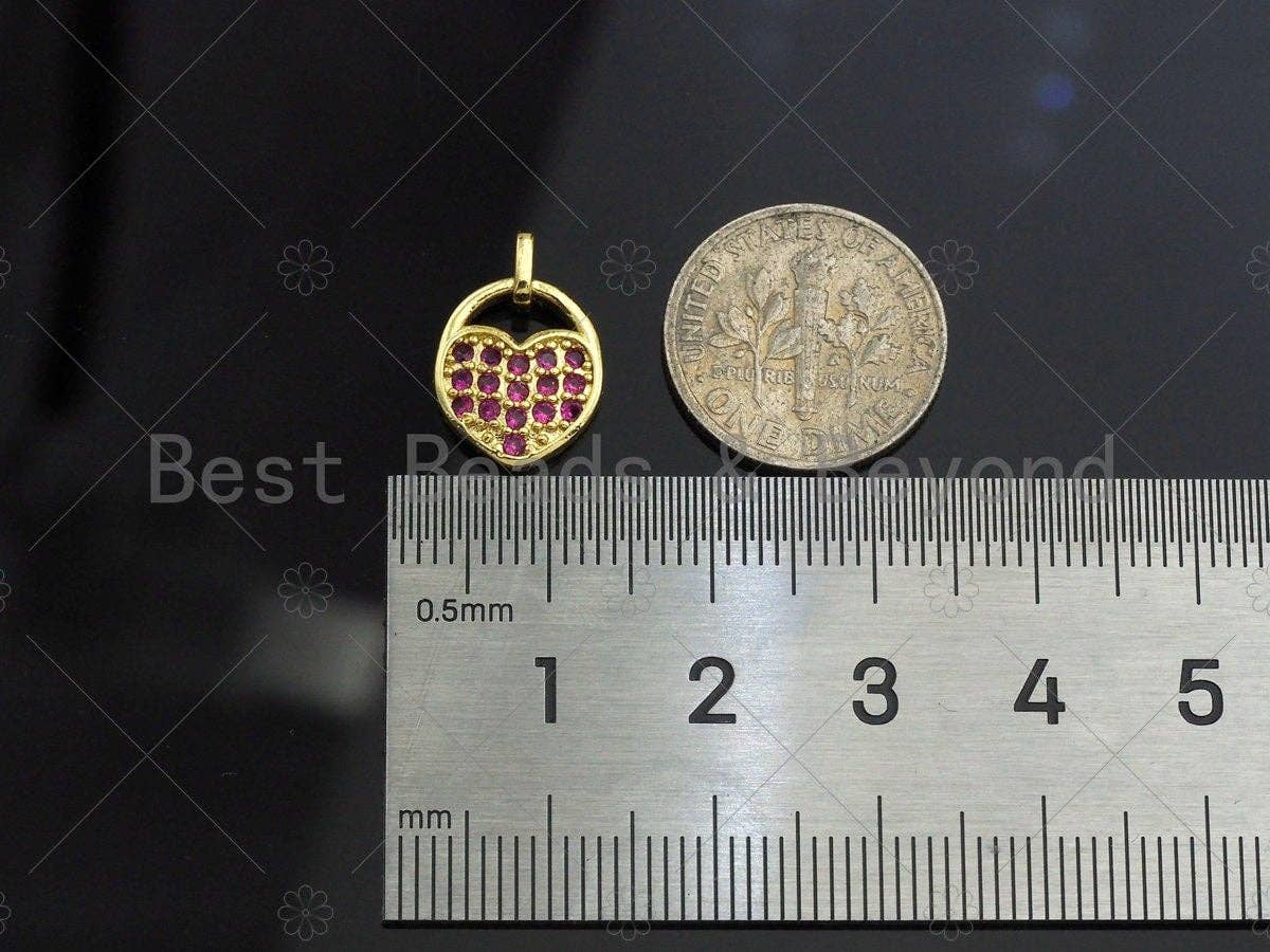 CZ Micro Pave Fuchsia Heart Lock Charm, Fuchsia CZ Heart Charm, Lock Pave Pendant, Gold Lock, 11x15mm, Sku#LK79