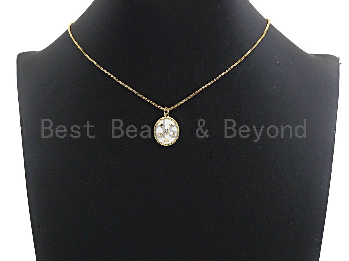 CZ Pave White Cobalt Enamel Star Moon on Round Pendant,Ename