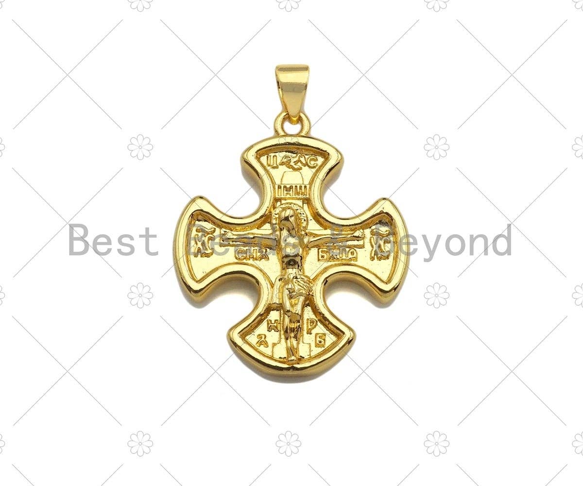 18K Dainty Gold Jesus On Cross Clover Shape Pendant/Charm, Jesus Carm,Necklace Bracelet Charm Pendant,23x27mm, Sku#LK224