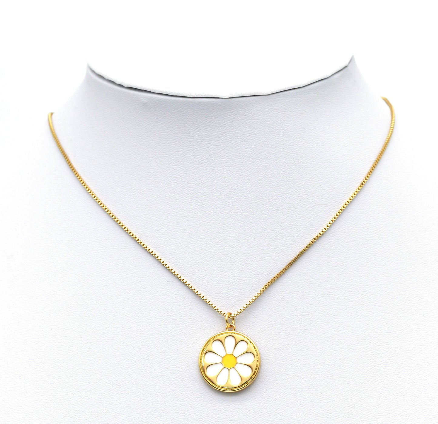 White Enamel Daisy Flower On Round Coin Pendant, Sku#L648