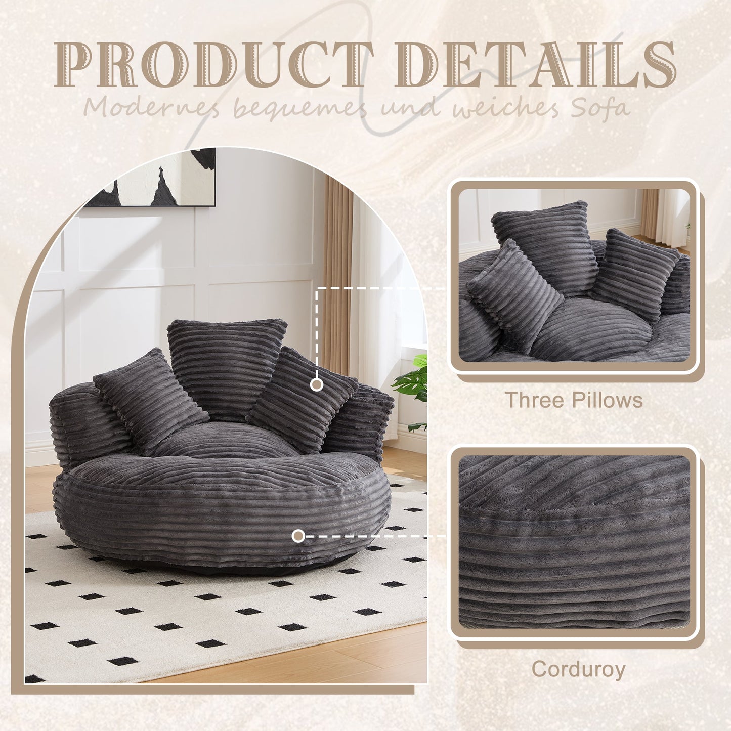 Single Bean Bag Chair with Pillows & Armrest