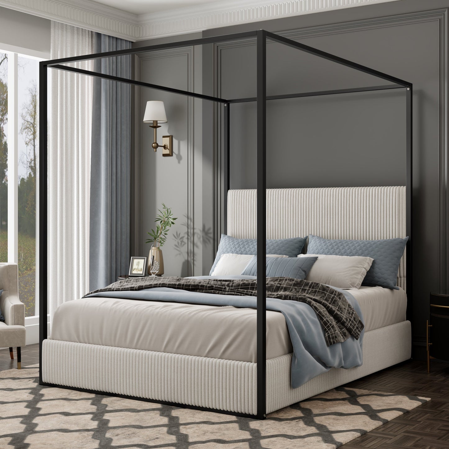 Modern Luxury Metal Canopy Bed with Tall Corduroy Upholstered Headboard