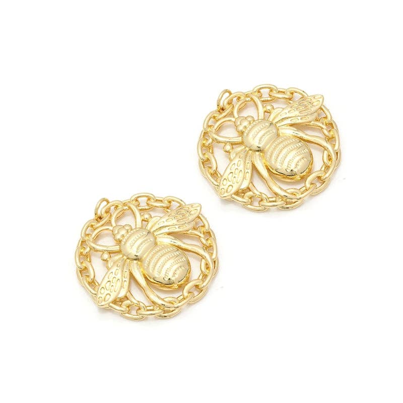 CZ Gold Bee On Round Link Charm, Sku#LK789
