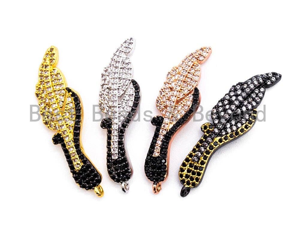 Dual Color Plated, CZ Micro Pave Leaf/Feather Pendant, Cubic Zirconia Pendant, 10x36mm, 1pc, SKU#F350