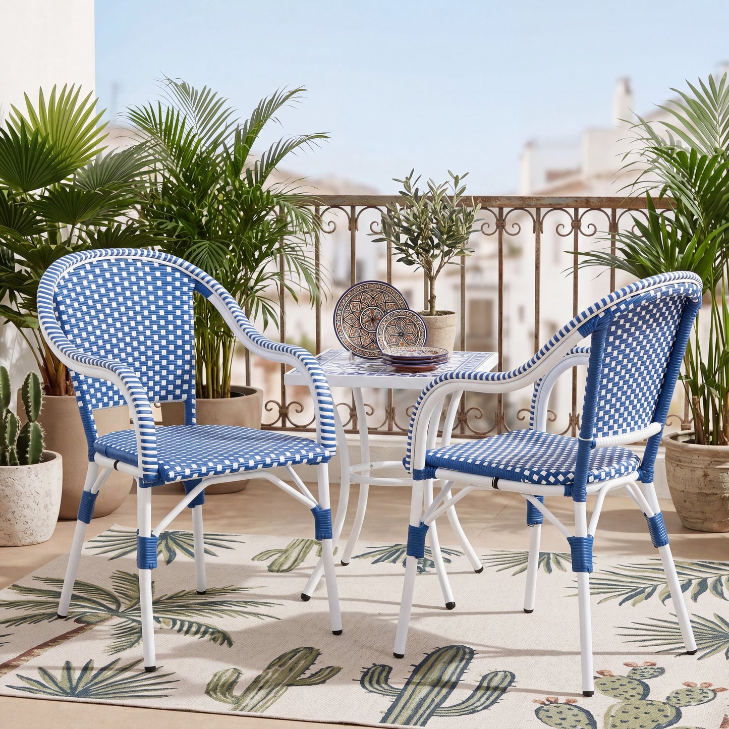 Outdoor Bistro Chairs Set of 2, White and Blue
