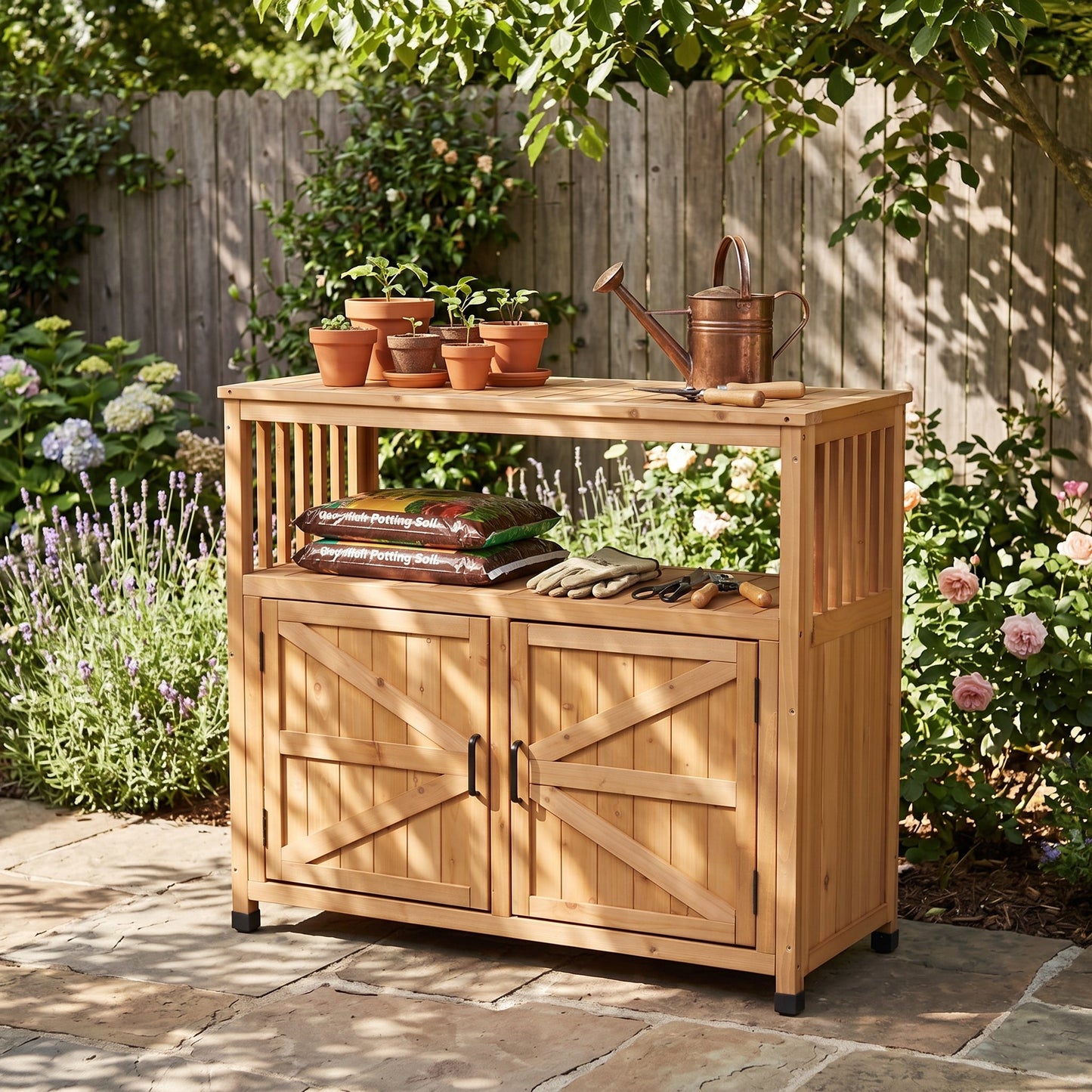 Wooden Patio Bar Table Set with Storage Buffet Cabinet