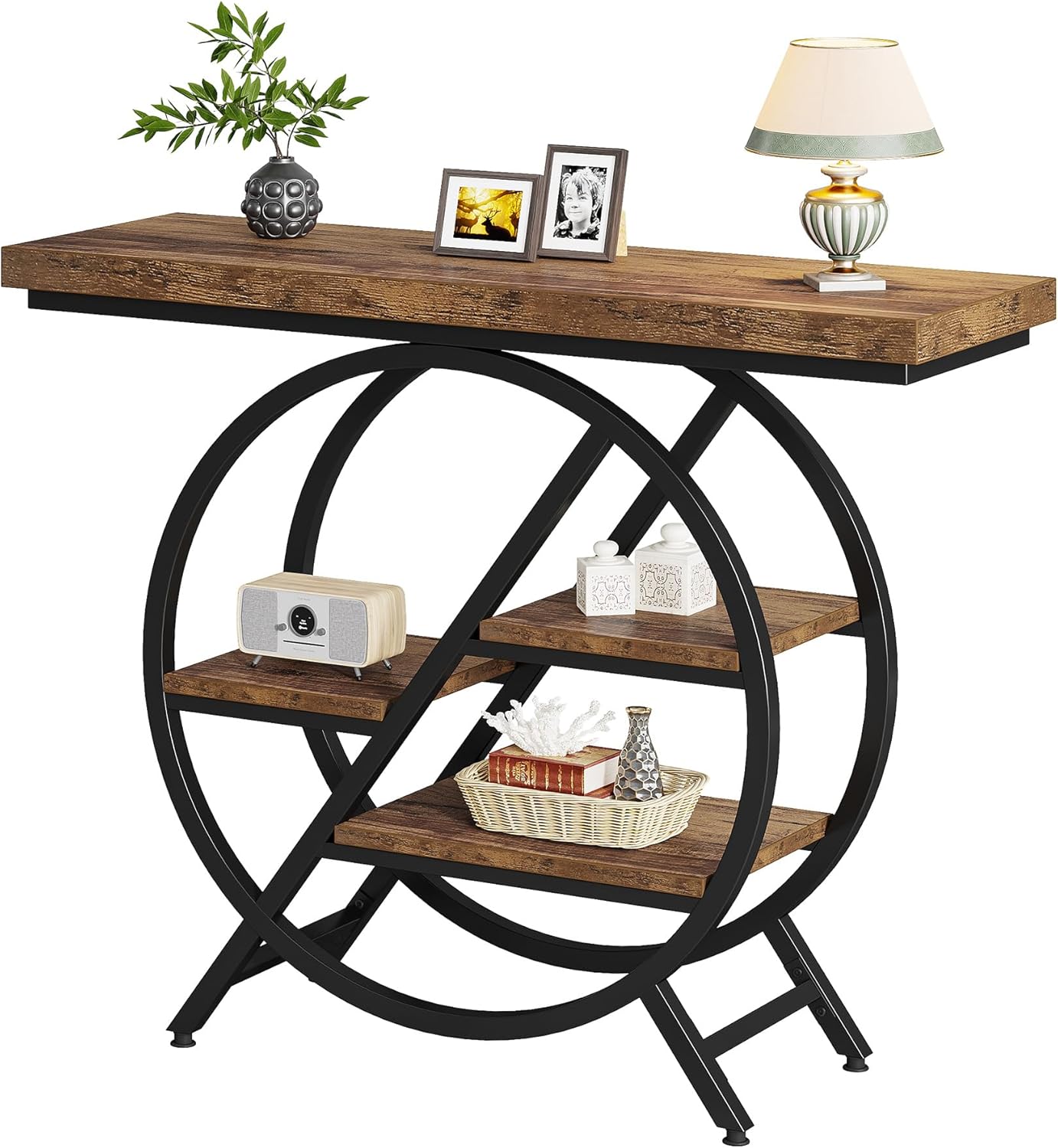 39.4" Industrial 4-Tier Entryway Console Table with Geometric Circle Frame