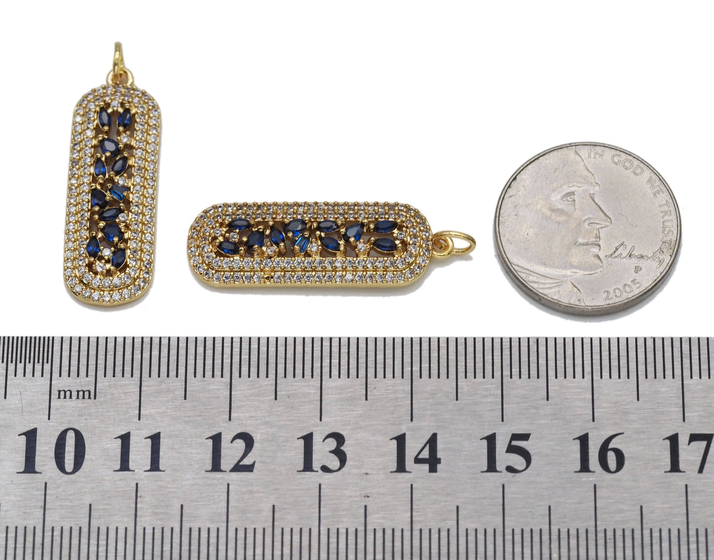 Gold Cobalt CZ Long Oval Bar Charm, Sku#LK699