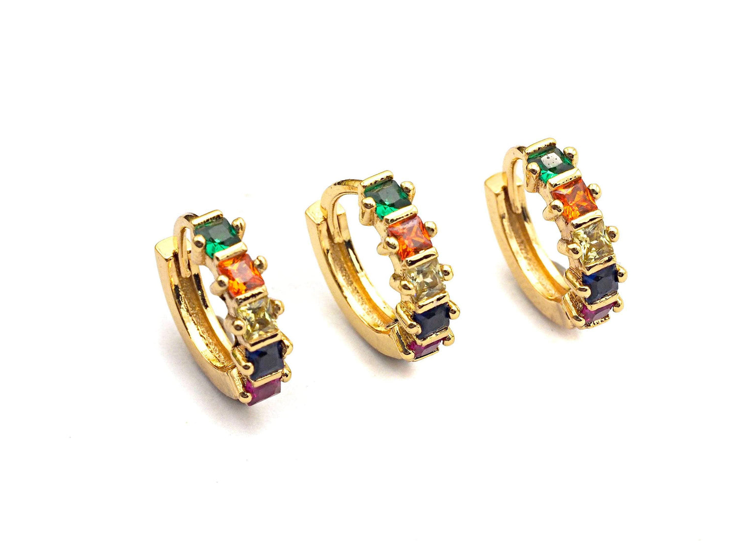 Baguette CZ Micro Pave Rainbow Huggie Earring, Gold Hoops earrings, Huggies Earrings,Minimal earrings,4x13mm,sku#J122
