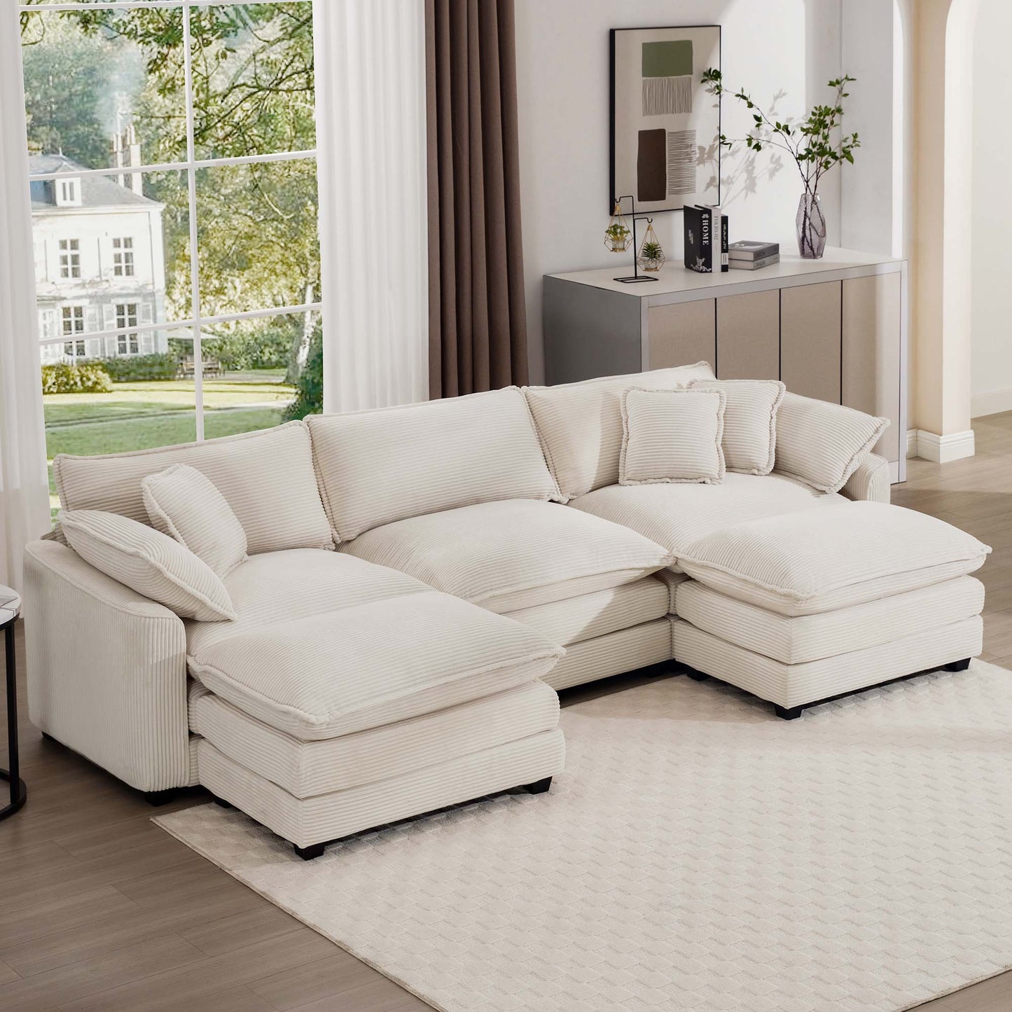 Oversized Modular Cushion Sofa With Ottomans, Comfy Upholstered U Shaped Convertible Corner Sectional Sofa Couch - Light