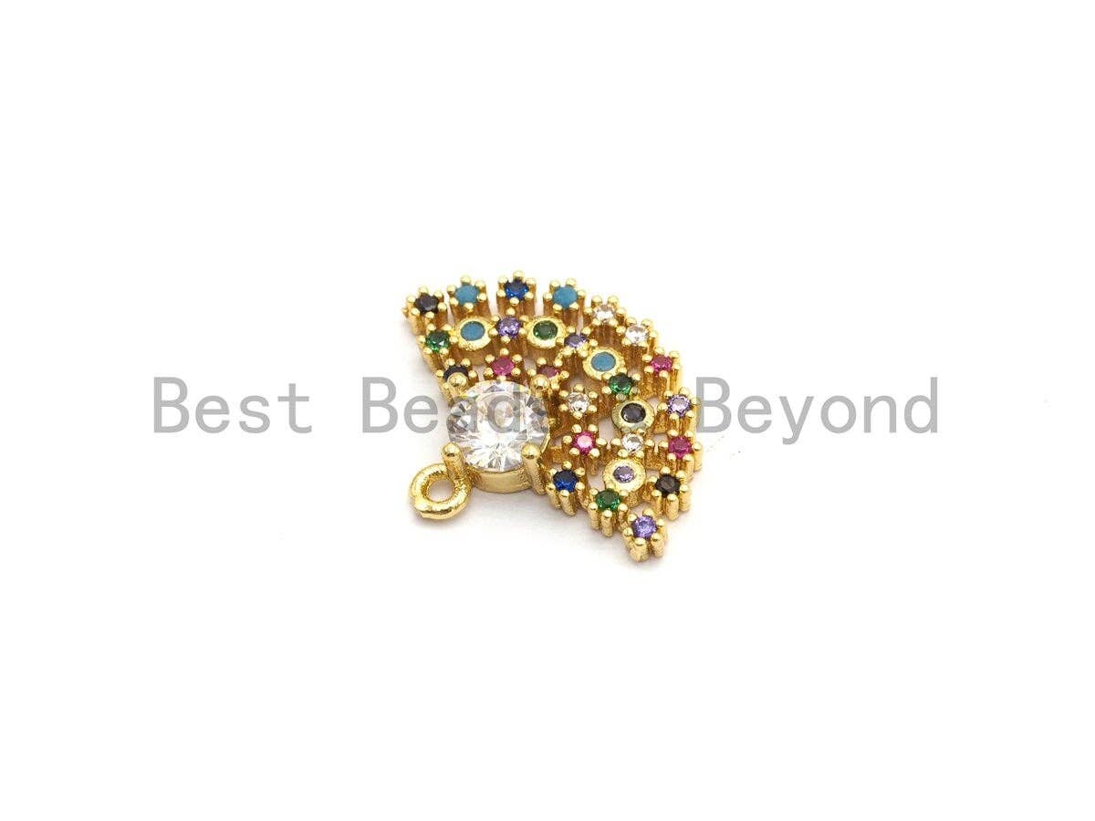 Multi Color CZ Micro Pave Fan Shape Pendant, Fan Shaped Pave Charm, Gold plated, Earring Bracelet Findings, 16x20mm, Sku#B111